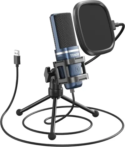 Displays the complete microphone setup with all included accessories to show shoppers exactly what they will receive and how the product is ready to use out of the box. Highlights the included…