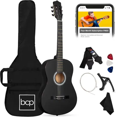 Shows the core guitar product along with all included accessories to communicate that this is a complete starter kit for learning guitar. Displays all the bonus accessories included with the guitar…