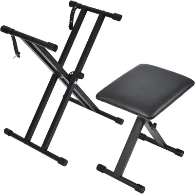 Shows the core product clearly on a white background to communicate what the buyer will receive: an adjustable keyboard stand and padded bench for musicians.