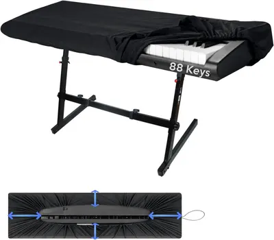 Shows the core product—a protective keyboard cover with an adjustable stand—demonstrating its fit for 88-key keyboards and its elastic design that stretches to cover the instrument. Demonstrates how…