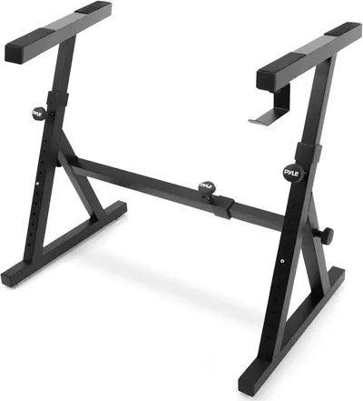 Shows the keyboard stand as the core product with clear visibility of its adjustable height mechanism and stable Z-frame design to communicate versatility and stability for musicians.