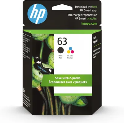 Shows the actual retail packaging the buyer will receive, featuring HP branding and clear product identification (HP 63 ink cartridges) to build trust and confirm authenticity. Includes promotional…