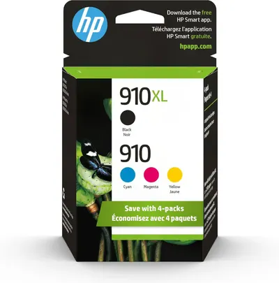 Shows the retail packaging for HP 910XL and 910 ink cartridges to help shoppers identify the product on shelves and understand they are purchasing a 4-pack bundle that includes black, cyan, magenta,…