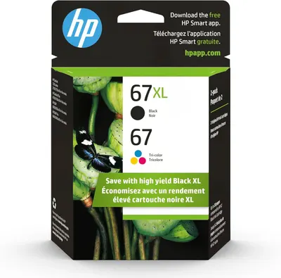 Shows the physical retail box the buyer will receive, displaying product details including cartridge numbers (67XL Black and 67 Tri-color), brand identity, and value messaging to help shoppers…