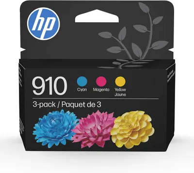 Shows the retail packaging for HP 910 ink cartridges to help shoppers identify the product on shelves and understand they are purchasing a 3-pack of cyan, magenta, and yellow cartridges. Uses…