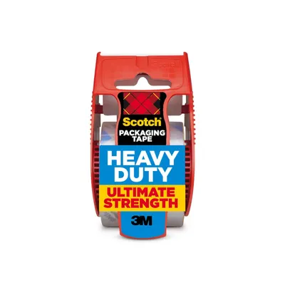 Shows the core product clearly - a Scotch Heavy Duty packaging tape with its integrated red dispenser, communicating the product identity and key feature of ultimate strength. Displays the retail…