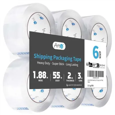Shows the core product—a 6-pack of clear shipping/packaging tape—clearly displayed to communicate what the buyer will receive. Displays the retail packaging label that includes brand name, product…