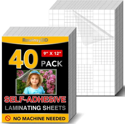 Shows the core product—a 40-pack of self-adhesive laminating sheets—with clear packaging and a stack of sheets to communicate quantity and what the buyer receives. Displays the retail packaging with…