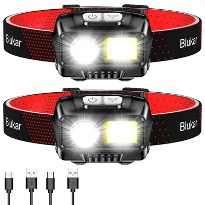 Shows the core product—a rechargeable LED headlamp with dual light modes—clearly displayed to communicate its design, functionality, and included charging cables. Demonstrates the headlamp actively…