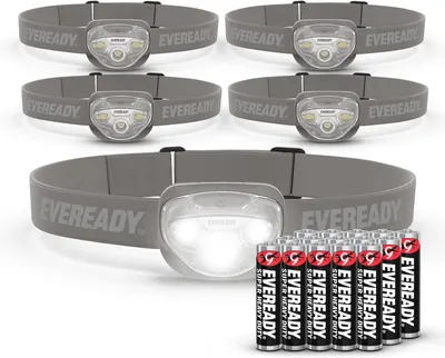 Shows the core product offering of multiple Eveready headlamps with one prominently displayed in the foreground to demonstrate the multi-pack purchase option. Communicates that batteries are…