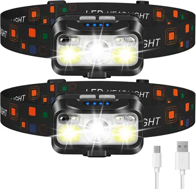 Shows two identical LED headlamps with their adjustable straps and included USB charging cables, clearly displaying the core product the shopper will receive. Demonstrates that USB charging cables…