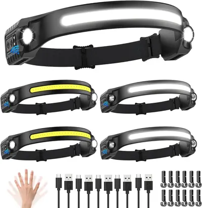 Shows the core product—a rechargeable LED headlamp—with multiple units displayed to demonstrate different lighting modes and features, reassuring shoppers of its versatility and functionality.…