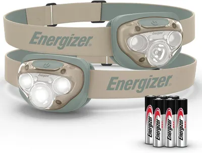 Shows the core product—two Energizer headlamps with adjustable elastic bands—clearly displayed to communicate the design, brand, and multi-light configuration. Demonstrates that batteries are…