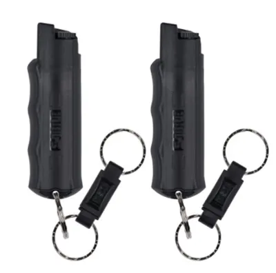 Shows two identical pepper spray units with keychain attachments, communicating that this is a multi-pack purchase for personal safety and portability.