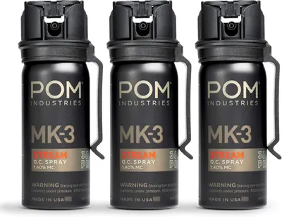 Shows three identical units of the POM MK-3 pepper spray to communicate that this is a multi-pack purchase, allowing shoppers to see the product design, branding, and key specifications clearly.