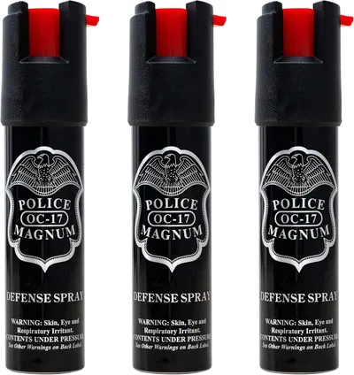 Shows three identical units of the police-grade OC-17 defense spray to communicate that this is a multi-pack purchase, giving shoppers clear visibility of the product design and branding. Uses…