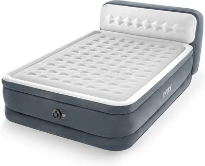 Displays the core product, an inflatable air mattress with integrated headboard and built-in pump, showing its elevated design and quilted comfort surface to communicate quality and convenience.