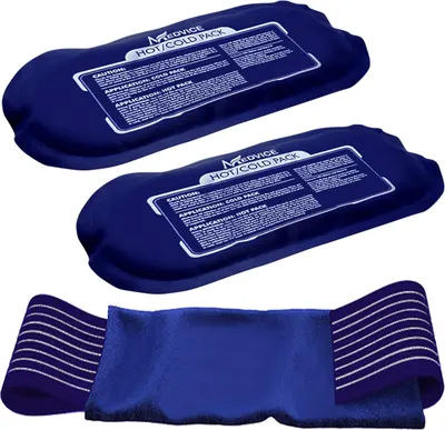 Displays the core product set of two hot/cold therapy packs with a compression wrap, showing what the buyer receives in a clean catalog presentation. Shows that the purchase includes both the gel…