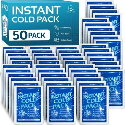 Shows the core product—a 50-pack of instant cold packs—clearly displayed with retail packaging to communicate quantity and what the buyer receives. Displays the retail packaging box prominently in…