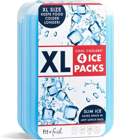 Shows the retail packaging with key product features prominently displayed, communicating the XL size for longer cooling, the slim space-saving design, and that the package includes 4 ice packs to…