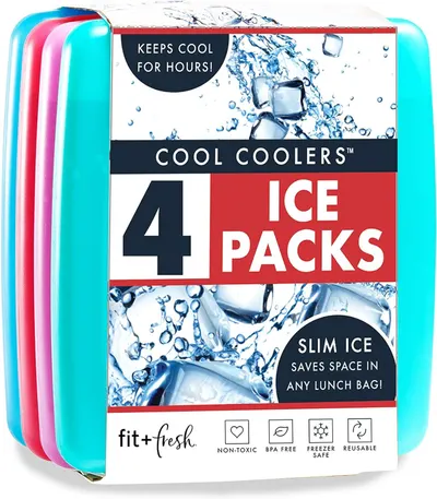Shows the core product—a set of four slim reusable ice packs in different colors—clearly displayed to communicate what the shopper will receive. Displays the retail packaging label that communicates…
