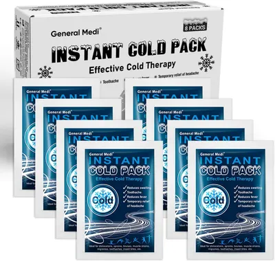 Shows the complete product offering of 8 instant cold pack pouches with their retail packaging, clearly displaying what the buyer will receive. Displays the branded retail box alongside the…