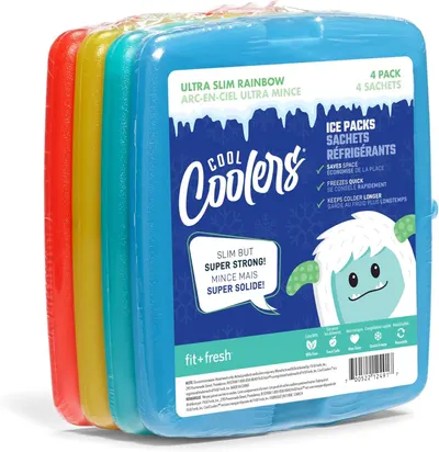 Shows the core product—a 4-pack of ultra slim ice packs in multiple colors—clearly displayed to communicate what the shopper will receive. Displays the four different color variants included in the…