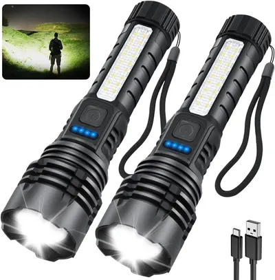 Displays the core product—two tactical LED flashlights with side panel lights and USB charging cables—to show shoppers exactly what they will receive in the purchase. Demonstrates the flashlight's…