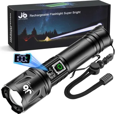 Shows the core product—a rechargeable flashlight with a digital battery display—alongside its retail packaging and included wrist strap to communicate what the buyer receives. Displays the physical…