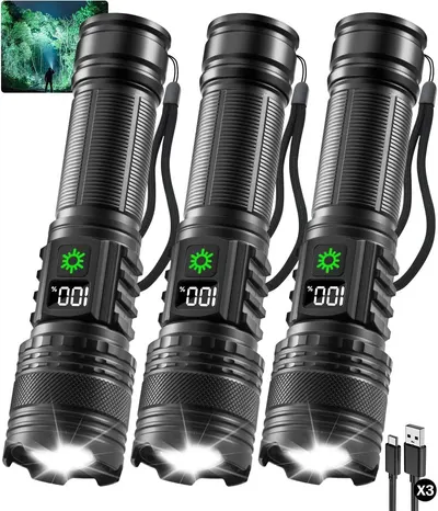 Showcases three identical tactical flashlights with digital battery indicators and bright LED output to communicate the product's powerful illumination, rechargeable convenience, and multi-pack…