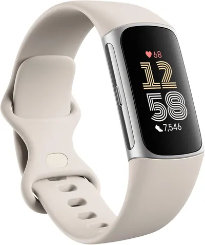 Shows the core fitness tracker product with an active display demonstrating its health tracking capabilities including heart rate, time, and step count to communicate its primary fitness monitoring…