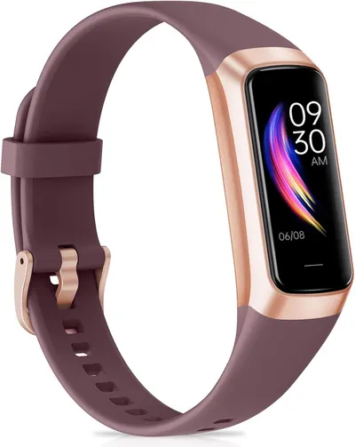 Shows the core product clearly with its active display screen showing time and date, allowing shoppers to see the design, color, and screen interface of the fitness tracker. Uses a subtle drop…