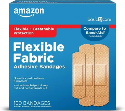 Shows the retail packaging the customer will receive, providing brand recognition and product information at point of purchase. Displays the core product (flexible fabric bandages) prominently on…