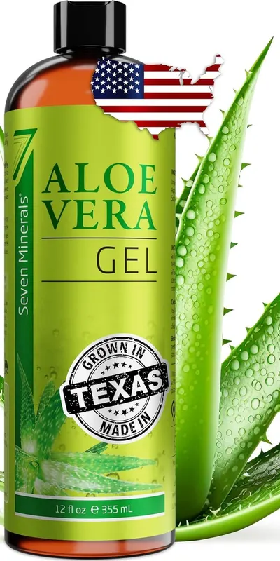 Displays the core product—a bottle of Aloe Vera Gel—with clear branding and packaging to help shoppers identify what they are purchasing. Uses added visual elements including a USA flag overlay,…