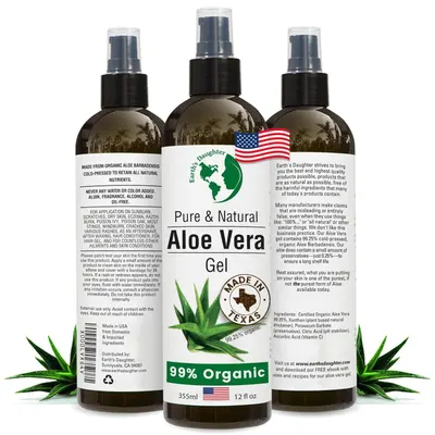 Displays the core product—three bottles of Pure & Natural Aloe Vera Gel—with clear branding, ingredient information, and organic certification to communicate quality and natural composition to…