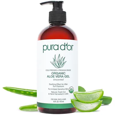 Displays the core product—a pump bottle of organic aloe vera gel—clearly showing the brand, product type, and key quality attributes to help shoppers identify what they are purchasing. Uses fresh…