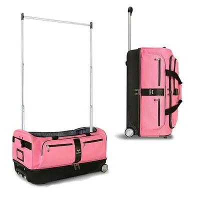 Displays the core product—a pink rolling duffel bag with an integrated telescoping garment rack—from two angles to show its dual functionality and design features. Demonstrates the product's key…