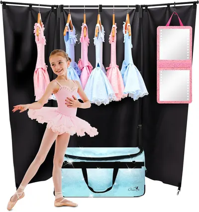 Shows the complete dance costume storage system with all included accessories—hanging rack, mirror organizer, and carrying bag—to demonstrate the comprehensive organization solution for young…