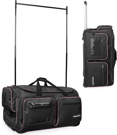Shows the core product, a wheeled duffel bag with an integrated garment rack system, demonstrating its dual functionality for travel and clothing storage. Demonstrates how the bag transforms to…