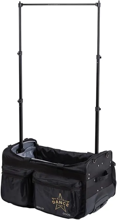 Shows the complete product with its integrated garment rack and storage bag to communicate its dual functionality for dancers or performers who need portable clothing storage and hanging space.…