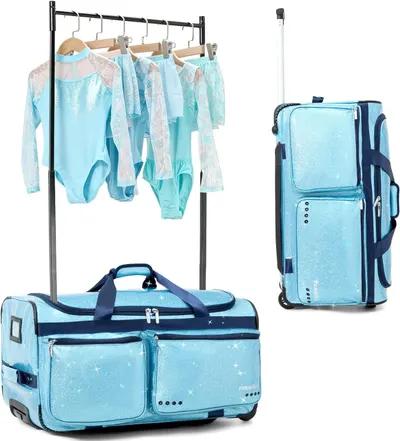 Shows the complete product system including the rolling luggage bags and integrated garment rack feature, demonstrating how the product stores and transports costumes or clothing. Demonstrates the…