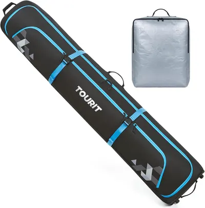 Shows the core product, a ski or snowboard carrying bag with blue trim and branding, clearly displaying its design and storage capability to help shoppers understand what they are purchasing.…