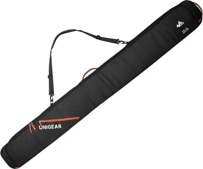 Displays the core product, a black ski or snowboard carrying bag with adjustable shoulder strap and storage pockets, showing its design and portability features to help shoppers understand what they…