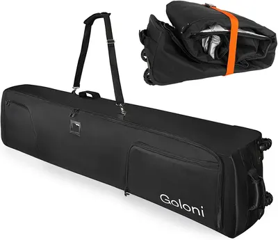 Displays the core product, a large wheeled travel bag designed for winter sports equipment, showing its exterior design, carrying straps, wheels, and storage compartments to communicate its…