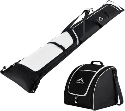 Shows the complete ski or snowboard gear storage solution, displaying both the long equipment bag and the boot/accessory bag to communicate the full product offering.