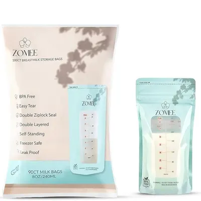 Shows the core product packaging and individual storage bag with measurement markings to communicate what the buyer receives and how the bags function for storing breastmilk. Uses graphic overlays…