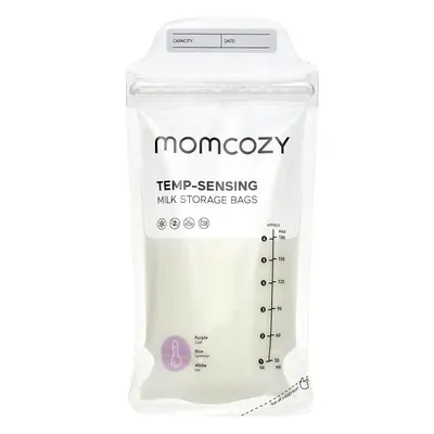 Shows the core product - a milk storage bag with temperature-sensing capability and volume measurements - to communicate its key features and functionality for storing breast milk. Demonstrates how…
