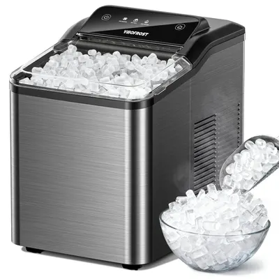 Shows the ice maker actively producing ice and demonstrates its output by displaying ice both in the machine's basket and being scooped into a bowl, communicating the product's core function and…