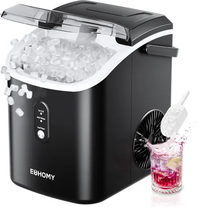Demonstrates the ice maker actively producing ice with the lid open and shows the product in use with a scoop dispensing ice into a beverage, communicating how the product works and its practical…