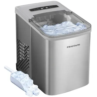 Displays the Frigidaire ice maker as the core product with clear visibility of its stainless steel finish, control panel, and ice storage compartment to communicate quality and functionality.…